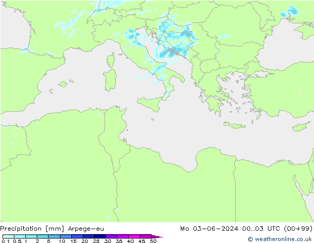 Precipitazione Arpege-eu lun 03.06.2024 03 UTC