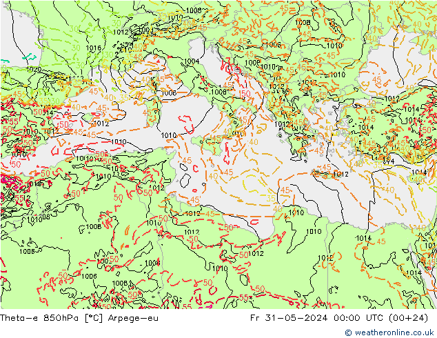 Theta-e 850hPa Arpege-eu Cu 31.05.2024 00 UTC