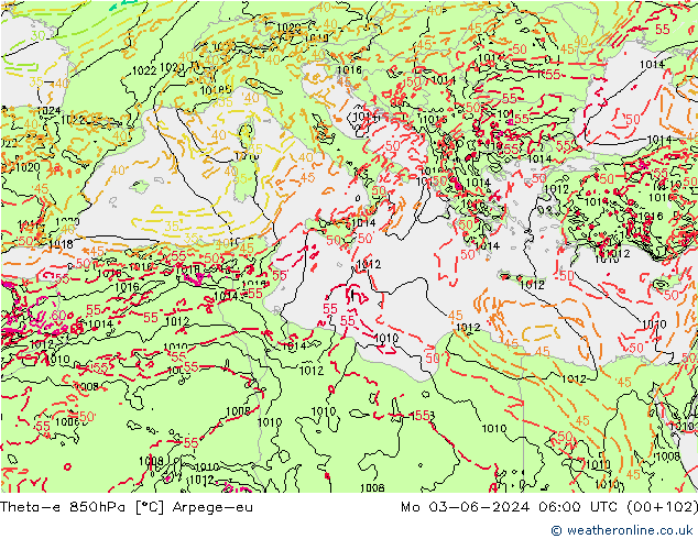 Theta-e 850hPa Arpege-eu Mo 03.06.2024 06 UTC