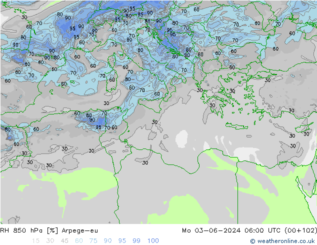 RH 850 hPa Arpege-eu Mo 03.06.2024 06 UTC