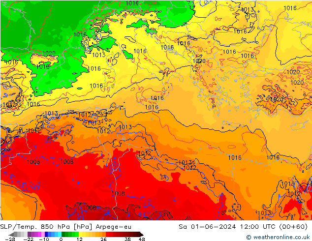 850 hPa Yer Bas./Sıc Arpege-eu Cts 01.06.2024 12 UTC