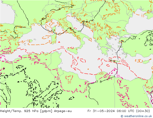 Height/Temp. 925 hPa Arpege-eu  31.05.2024 06 UTC