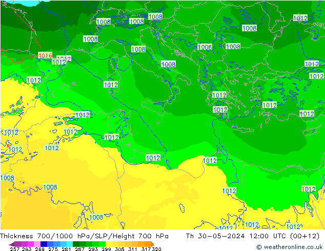 Thck 700-1000 гПа Arpege-eu чт 30.05.2024 12 UTC