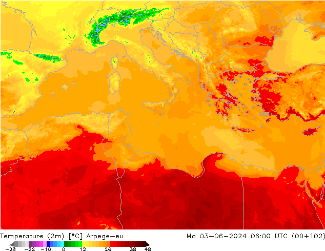 Temperature (2m) Arpege-eu Mo 03.06.2024 06 UTC
