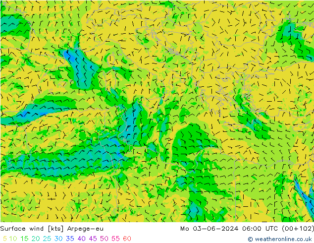 wiatr 10 m Arpege-eu pon. 03.06.2024 06 UTC