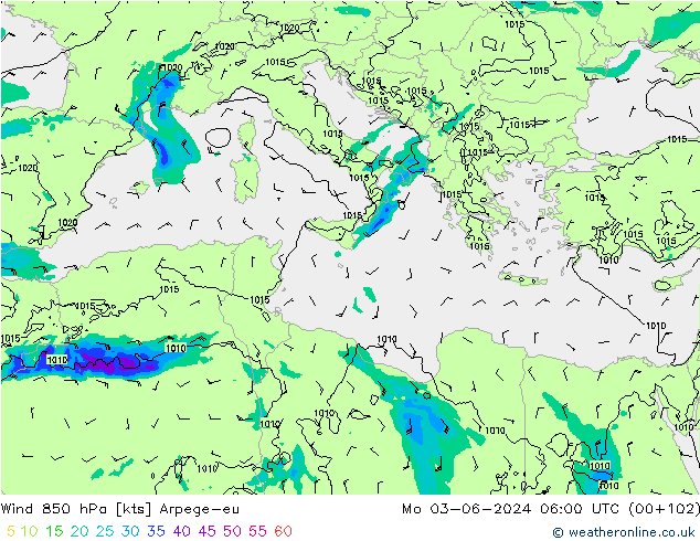 Wind 850 hPa Arpege-eu ma 03.06.2024 06 UTC