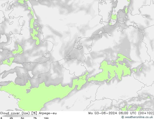 Bewolking (Laag) Arpege-eu ma 03.06.2024 06 UTC