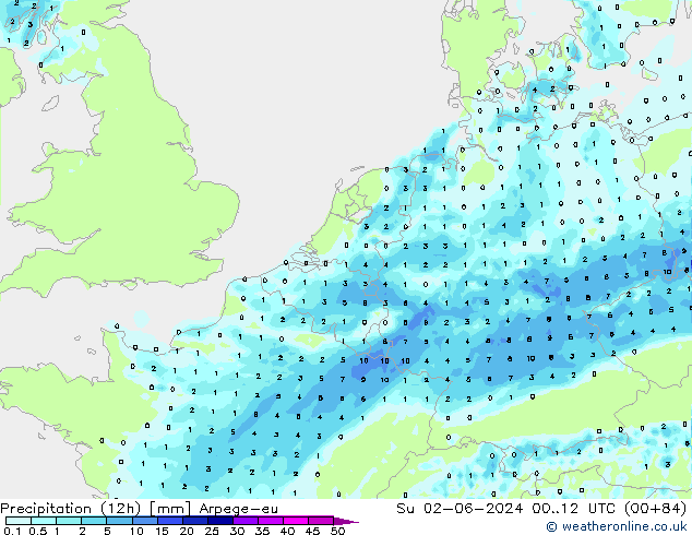 Yağış (12h) Arpege-eu Paz 02.06.2024 12 UTC