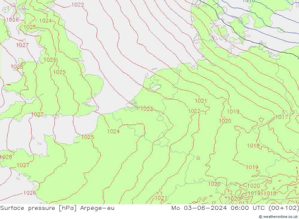 Atmosférický tlak Arpege-eu Po 03.06.2024 06 UTC