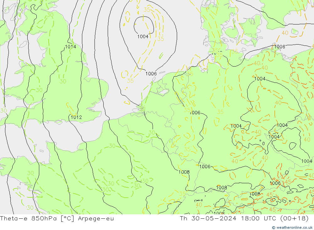 Theta-e 850hPa Arpege-eu jue 30.05.2024 18 UTC
