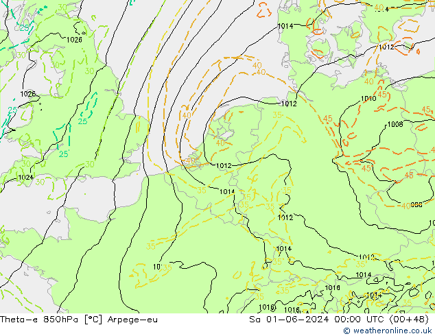 Theta-e 850hPa Arpege-eu Sa 01.06.2024 00 UTC