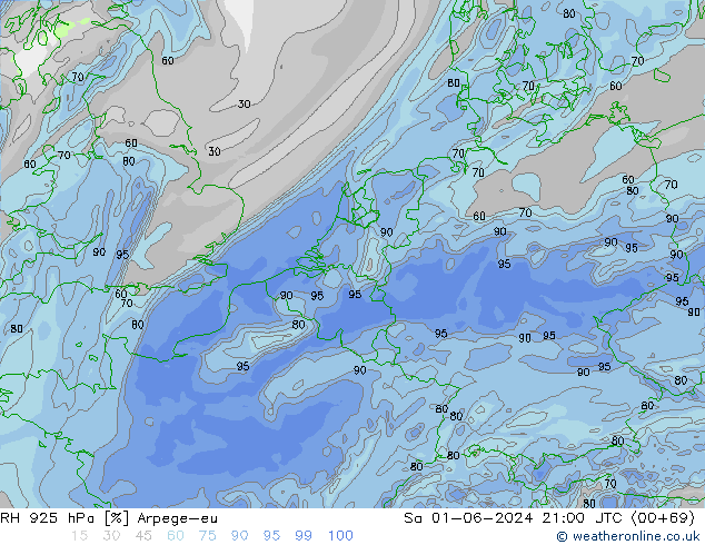 RH 925 hPa Arpege-eu Sáb 01.06.2024 21 UTC