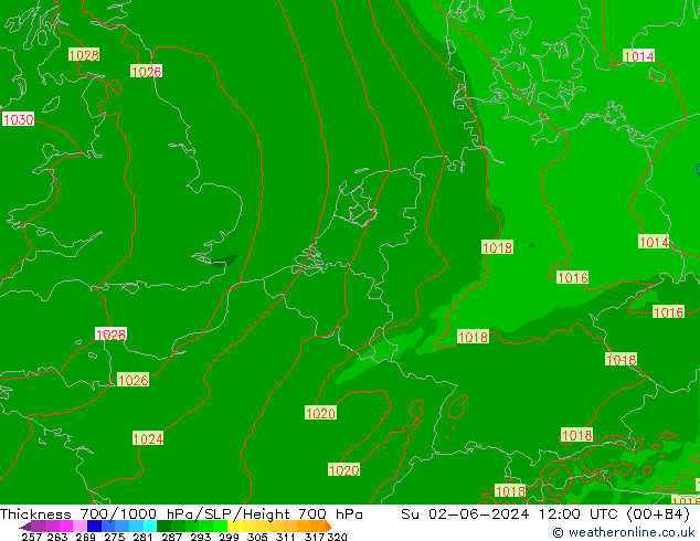 Thck 700-1000 гПа Arpege-eu Вс 02.06.2024 12 UTC