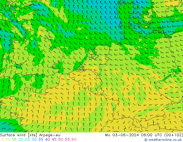 Surface wind Arpege-eu Mo 03.06.2024 06 UTC