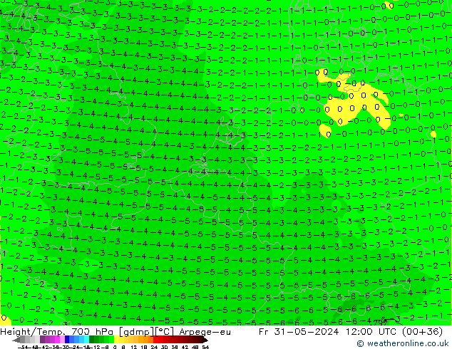 Geop./Temp. 700 hPa Arpege-eu vie 31.05.2024 12 UTC