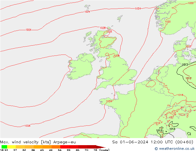 Max. wind velocity Arpege-eu So 01.06.2024 12 UTC