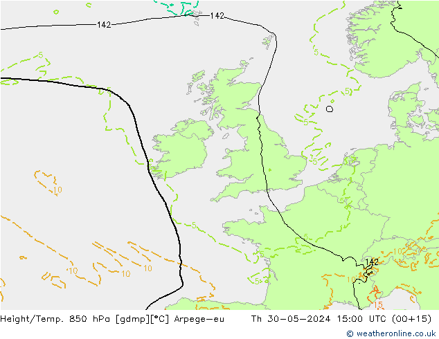 Height/Temp. 850 hPa Arpege-eu Čt 30.05.2024 15 UTC