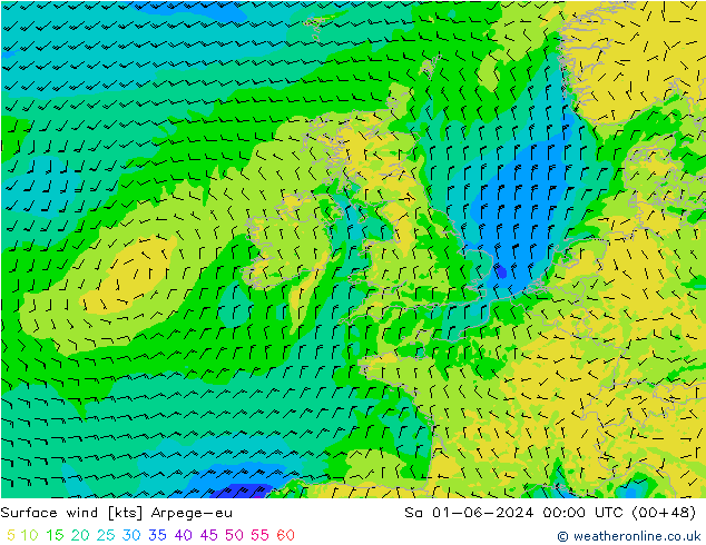 Vento 10 m Arpege-eu Sáb 01.06.2024 00 UTC