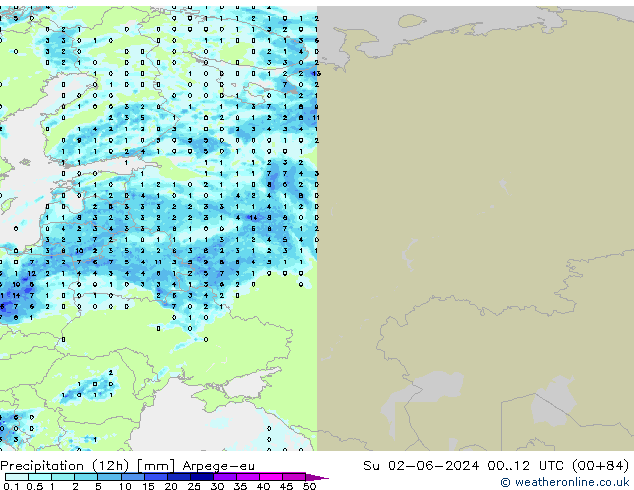 Precipitazione (12h) Arpege-eu dom 02.06.2024 12 UTC