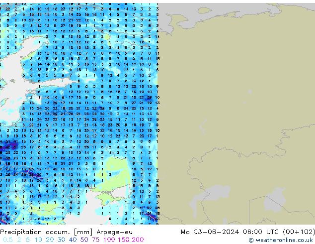 Precipitation accum. Arpege-eu Mo 03.06.2024 06 UTC