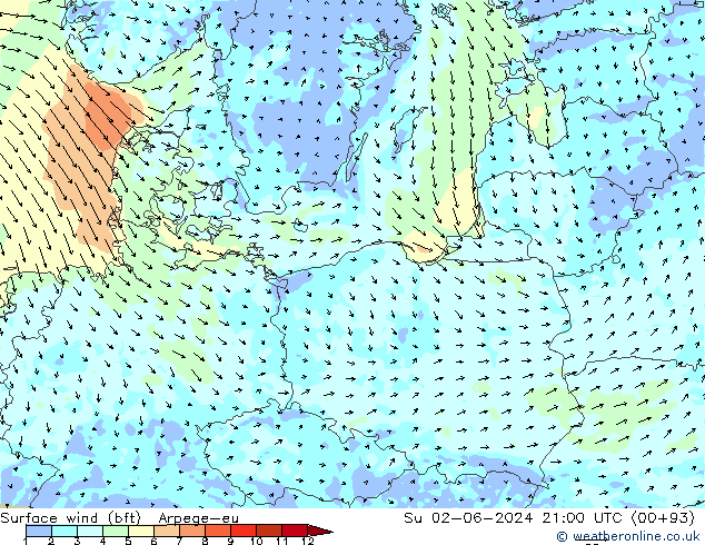 Surface wind (bft) Arpege-eu Ne 02.06.2024 21 UTC