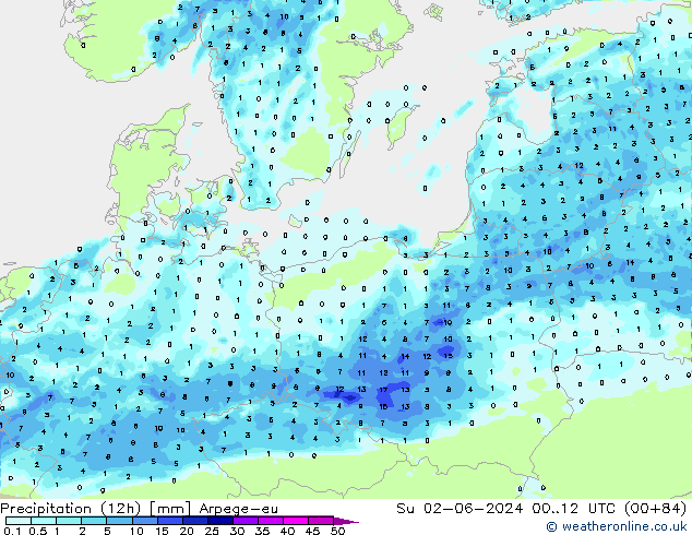 Precipitation (12h) Arpege-eu Su 02.06.2024 12 UTC