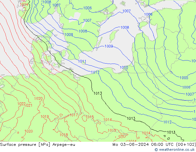 Surface pressure Arpege-eu Mo 03.06.2024 06 UTC