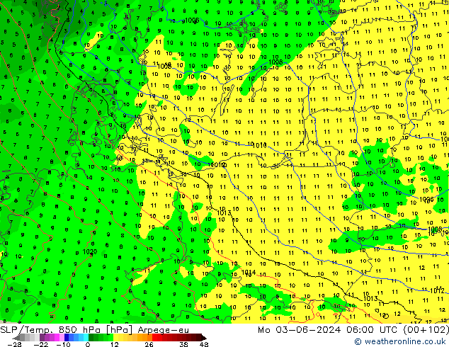 SLP/Temp. 850 hPa Arpege-eu Mo 03.06.2024 06 UTC