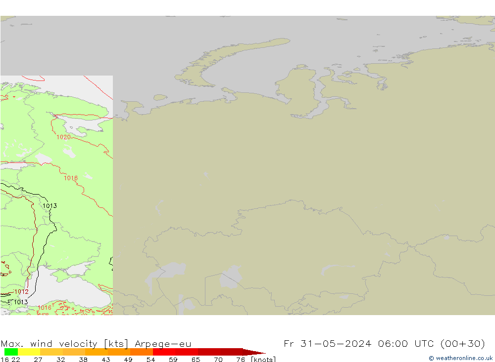 Max. wind velocity Arpege-eu Fr 31.05.2024 06 UTC