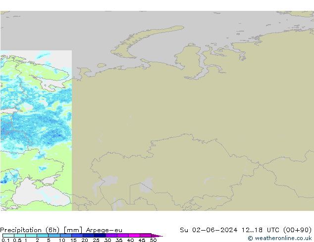 Precipitación (6h) Arpege-eu dom 02.06.2024 18 UTC