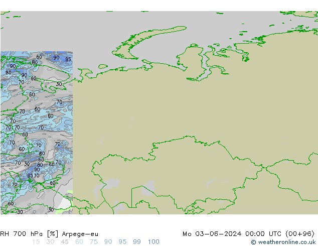 Humidité rel. 700 hPa Arpege-eu lun 03.06.2024 00 UTC