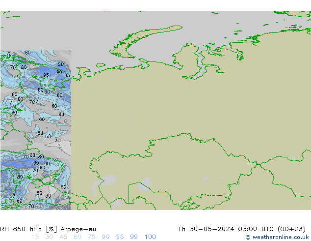 RH 850 hPa Arpege-eu czw. 30.05.2024 03 UTC