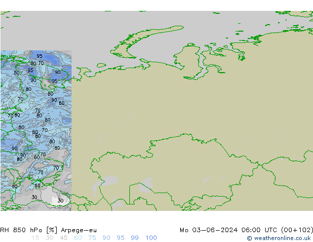 RH 850 hPa Arpege-eu lun 03.06.2024 06 UTC
