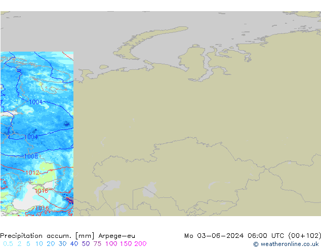 Precipitation accum. Arpege-eu Mo 03.06.2024 06 UTC