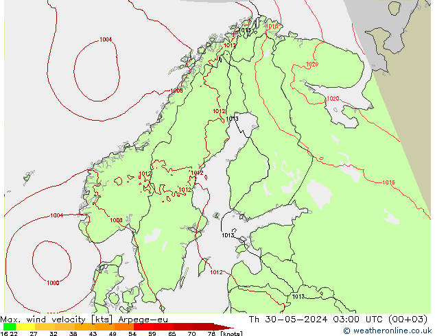 Max. wind velocity Arpege-eu jeu 30.05.2024 03 UTC