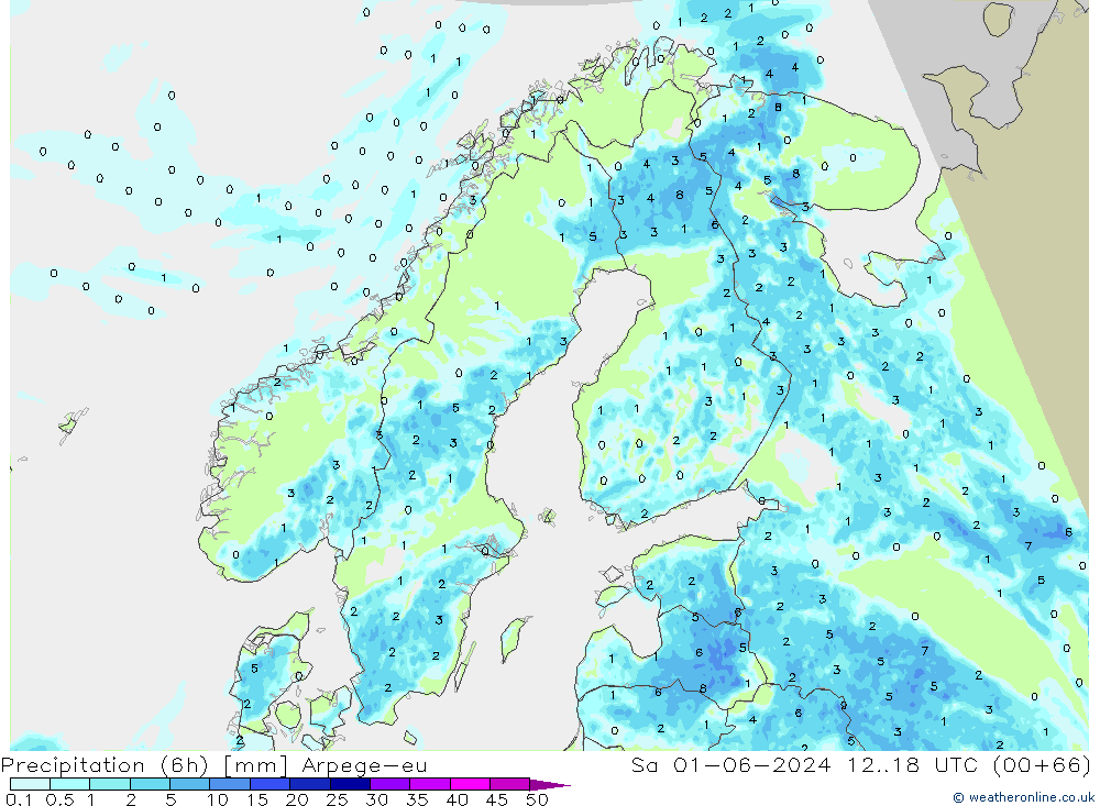 Precipitazione (6h) Arpege-eu sab 01.06.2024 18 UTC