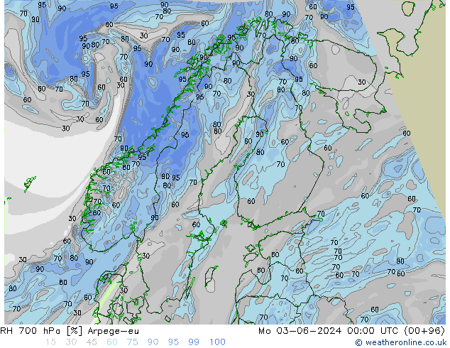 Humidité rel. 700 hPa Arpege-eu lun 03.06.2024 00 UTC