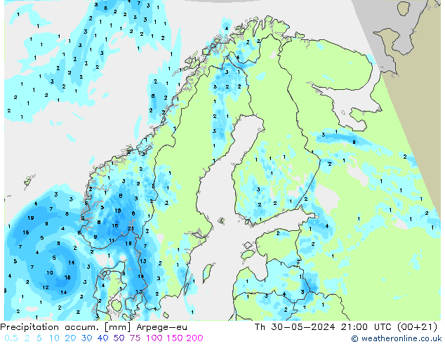 Precipitation accum. Arpege-eu Qui 30.05.2024 21 UTC