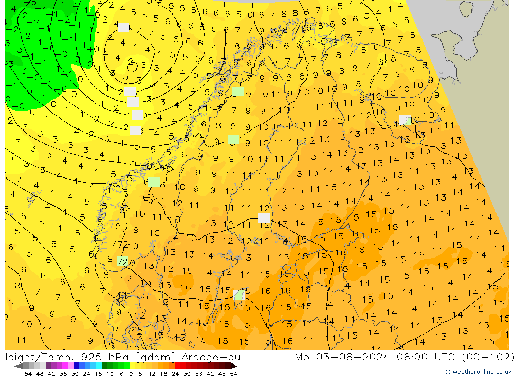 Height/Temp. 925 hPa Arpege-eu Mo 03.06.2024 06 UTC