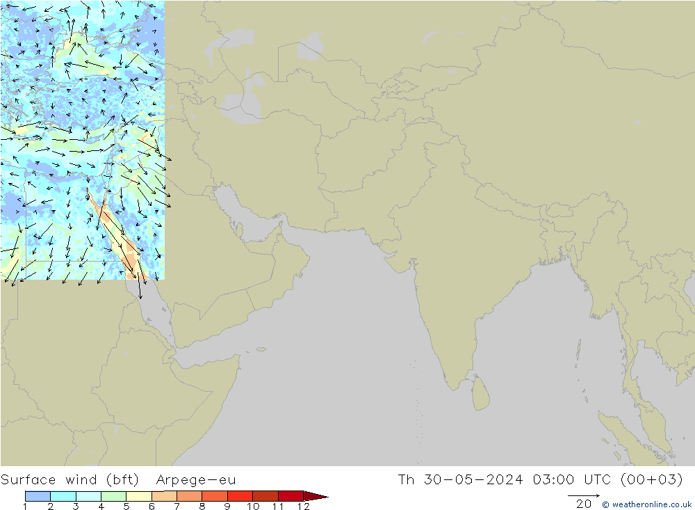 Vent 10 m (bft) Arpege-eu jeu 30.05.2024 03 UTC