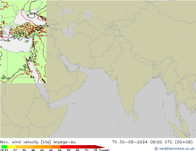 Max. wind velocity Arpege-eu Qui 30.05.2024 09 UTC