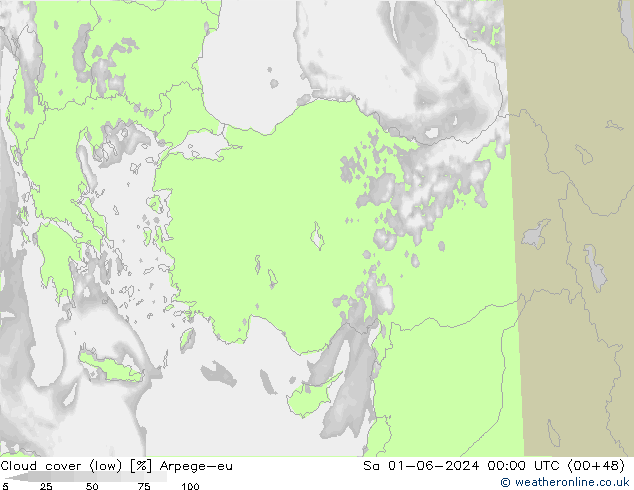 Cloud cover (low) Arpege-eu Sa 01.06.2024 00 UTC