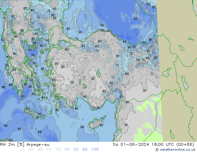 Humedad rel. 2m Arpege-eu sáb 01.06.2024 18 UTC