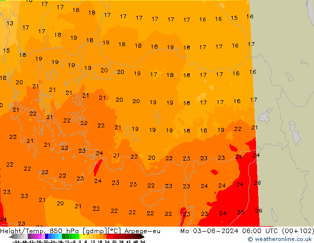 Height/Temp. 850 hPa Arpege-eu Po 03.06.2024 06 UTC