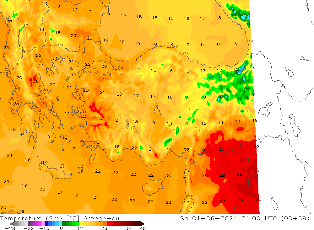 Sıcaklık Haritası (2m) Arpege-eu Cts 01.06.2024 21 UTC