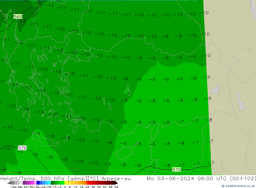 Height/Temp. 500 hPa Arpege-eu Mo 03.06.2024 06 UTC