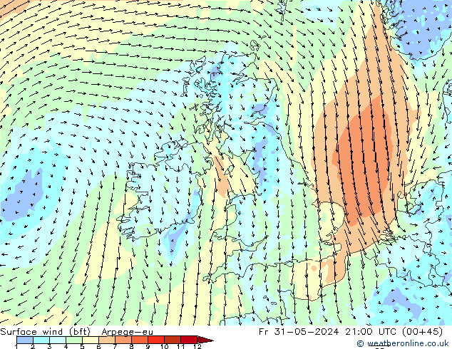 Wind 10 m (bft) Arpege-eu vr 31.05.2024 21 UTC