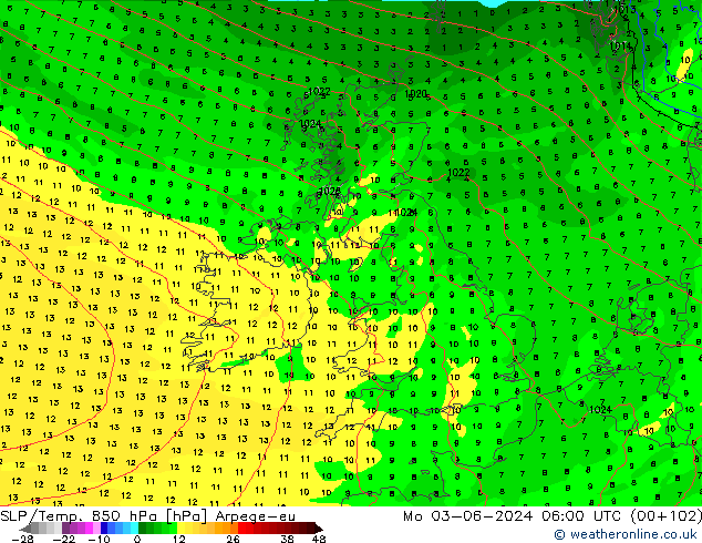 850 hPa Yer Bas./Sıc Arpege-eu Pzt 03.06.2024 06 UTC