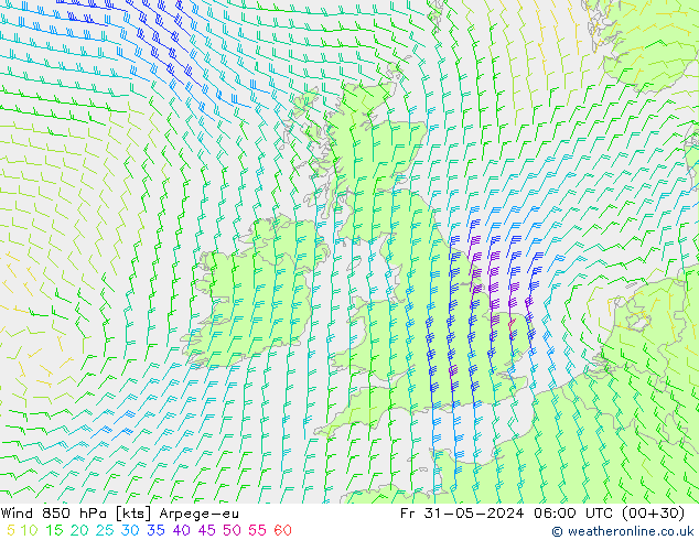 Wind 850 hPa Arpege-eu Fr 31.05.2024 06 UTC