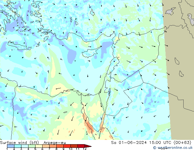 Surface wind (bft) Arpege-eu So 01.06.2024 15 UTC